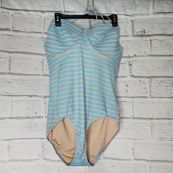 J Crew Striped Halter Padded D Cup One Piece Swimsuit Blue Orange Size 16 - Picture 1 of 12